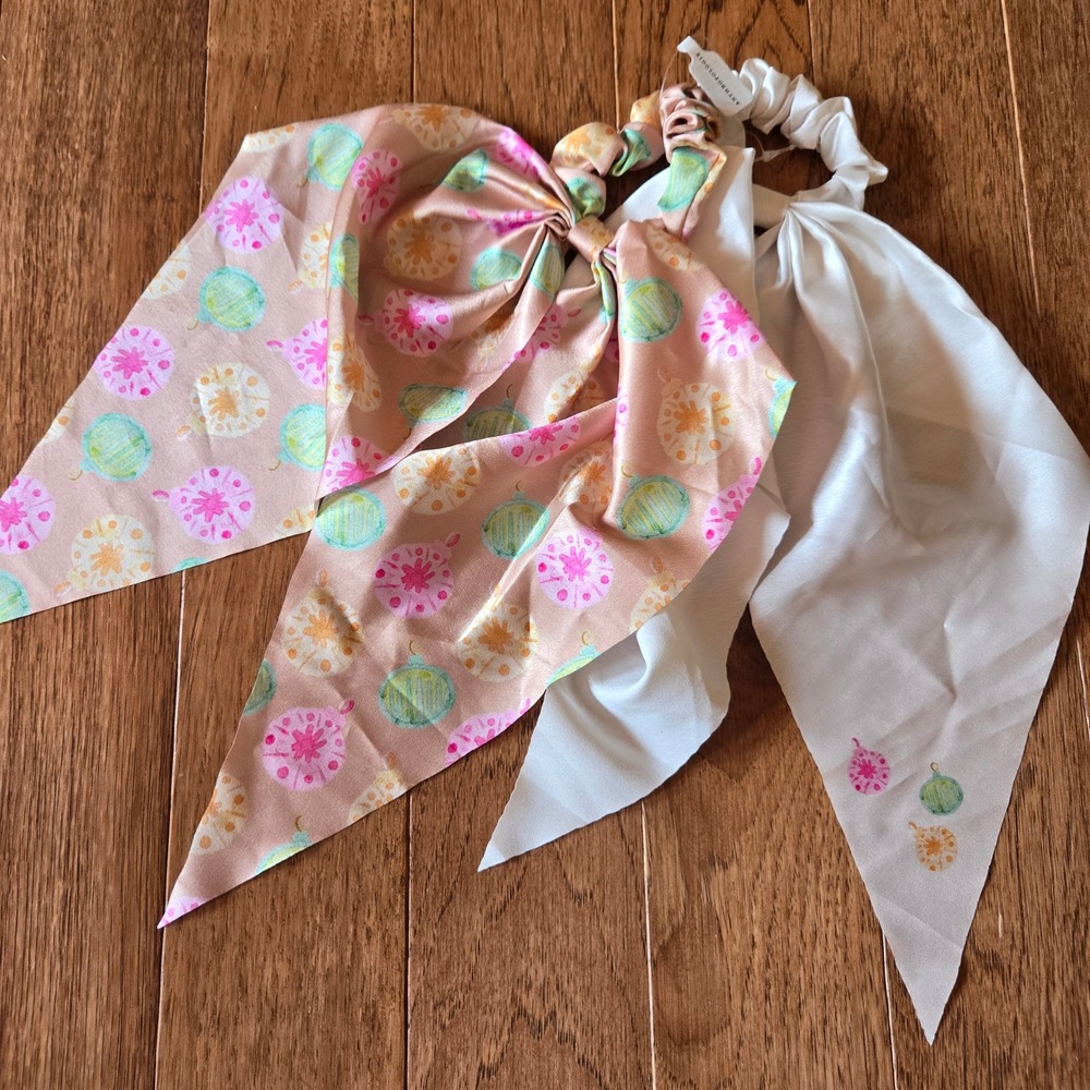 Anthropologie Holiday Ornament Bow Scrunchie Set 2pk Pink Ivory Satin New